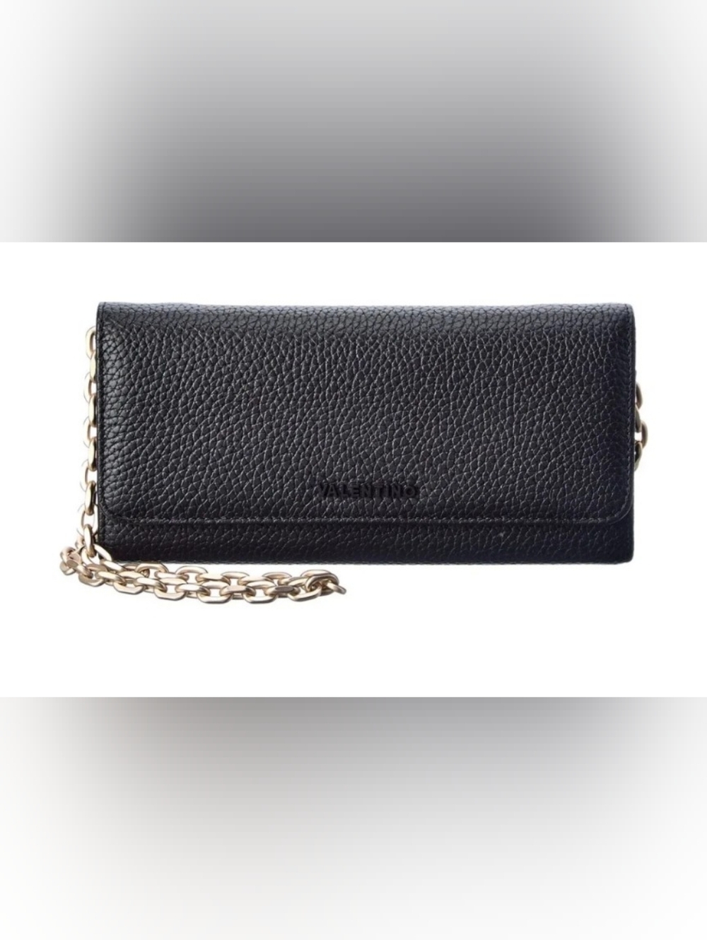 Valentino Black Pebbled Leather Wallet with Gold Chain